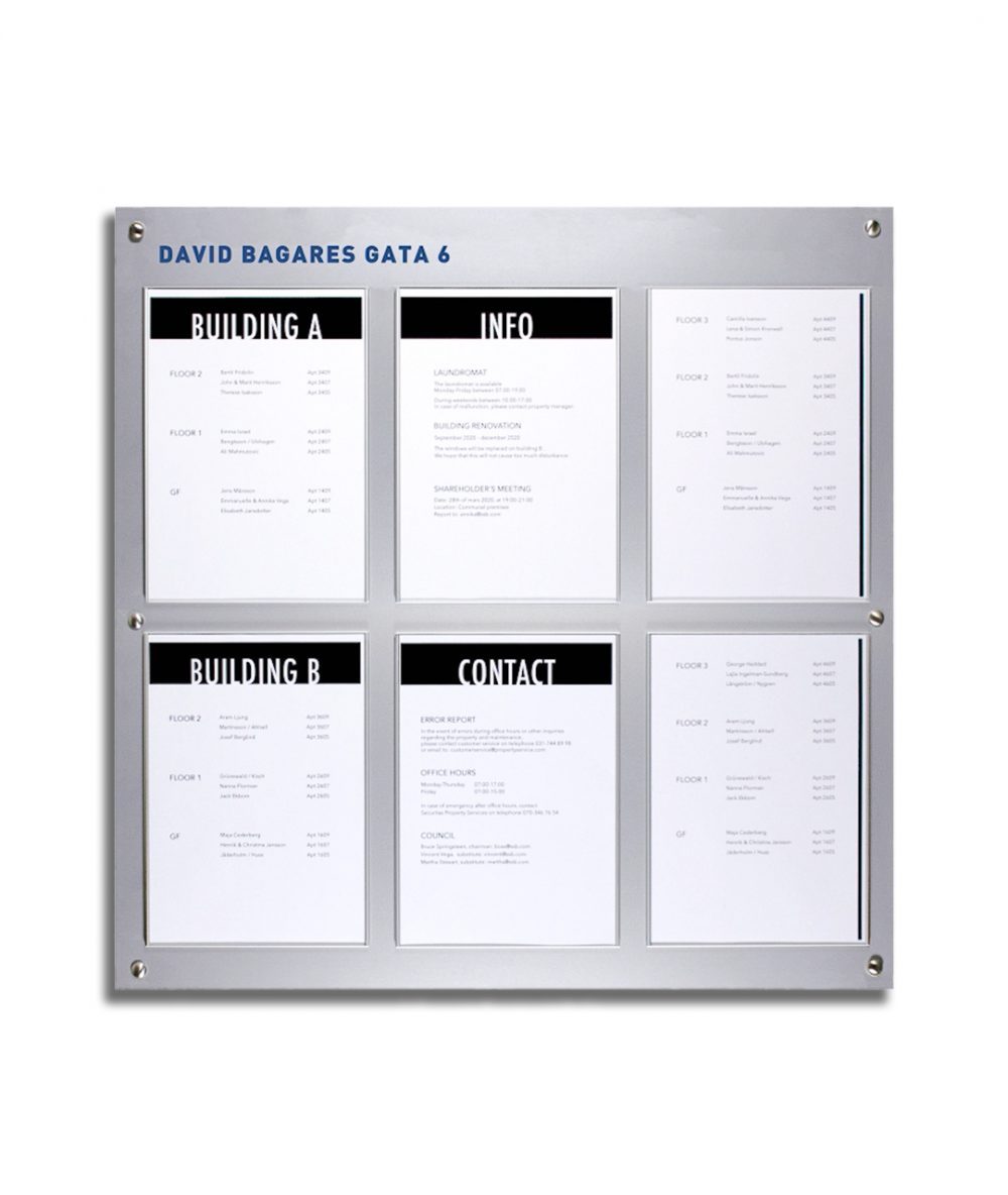One of SIGNET Sign System's great-looking Information Signs, a bulletin board with 6 A4 frames for replaceable paper inserts.