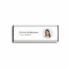 Curved nameplate with aluminum frame in size 150 x 53 mm with black end caps, with a picture of a woman and her name and profession printed on the plate