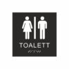 Panneau de toilettes en noir et blanc représentant un pictogramme d'une femme et d'un homme séparés par une ligne verticale ; le mot « toilettes » figure sous les symboles et le texte en braille en bas