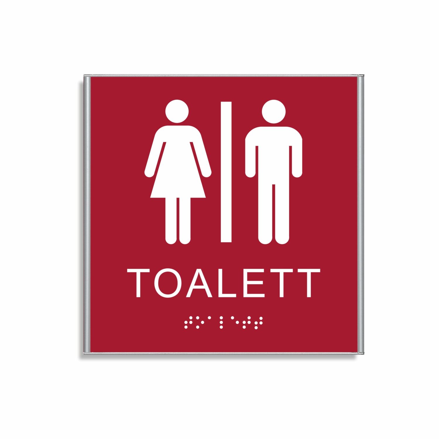 Plaque de toilette rouge et blanche de 150 x 150 mm avec une fine structure en aluminium, avec un pictogramme d'une femme et d'un homme séparés par une ligne verticale, le texte «toilettes» se trouve sous les symboles et des caractères pointillés en bas.