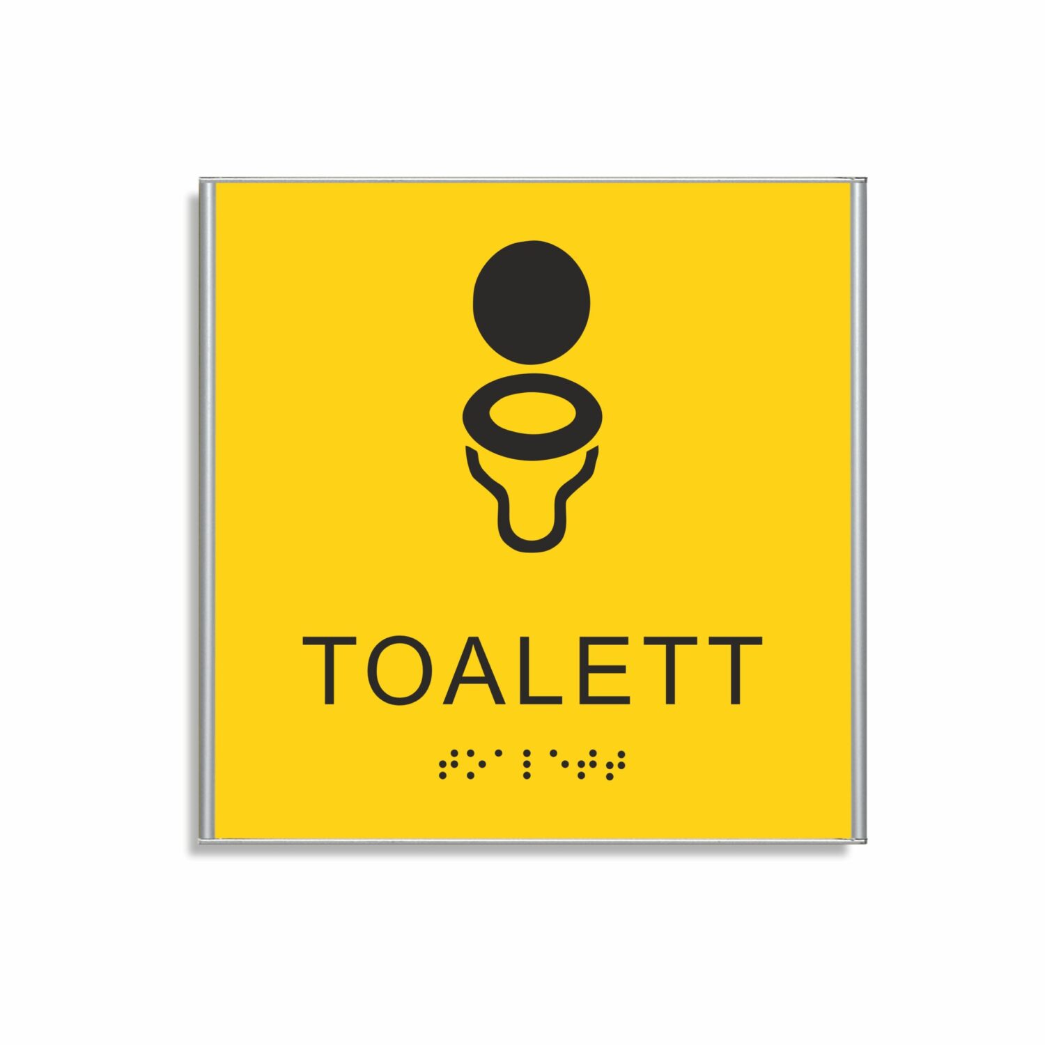 Tableau de toilette jaune et noir de 150 x 150 mm, avec une plaque en aluminium fine, avec un pictogramme d'une toilette, la mention « toalett » est placée sous le symbole et un signe d'avertissement en bas.