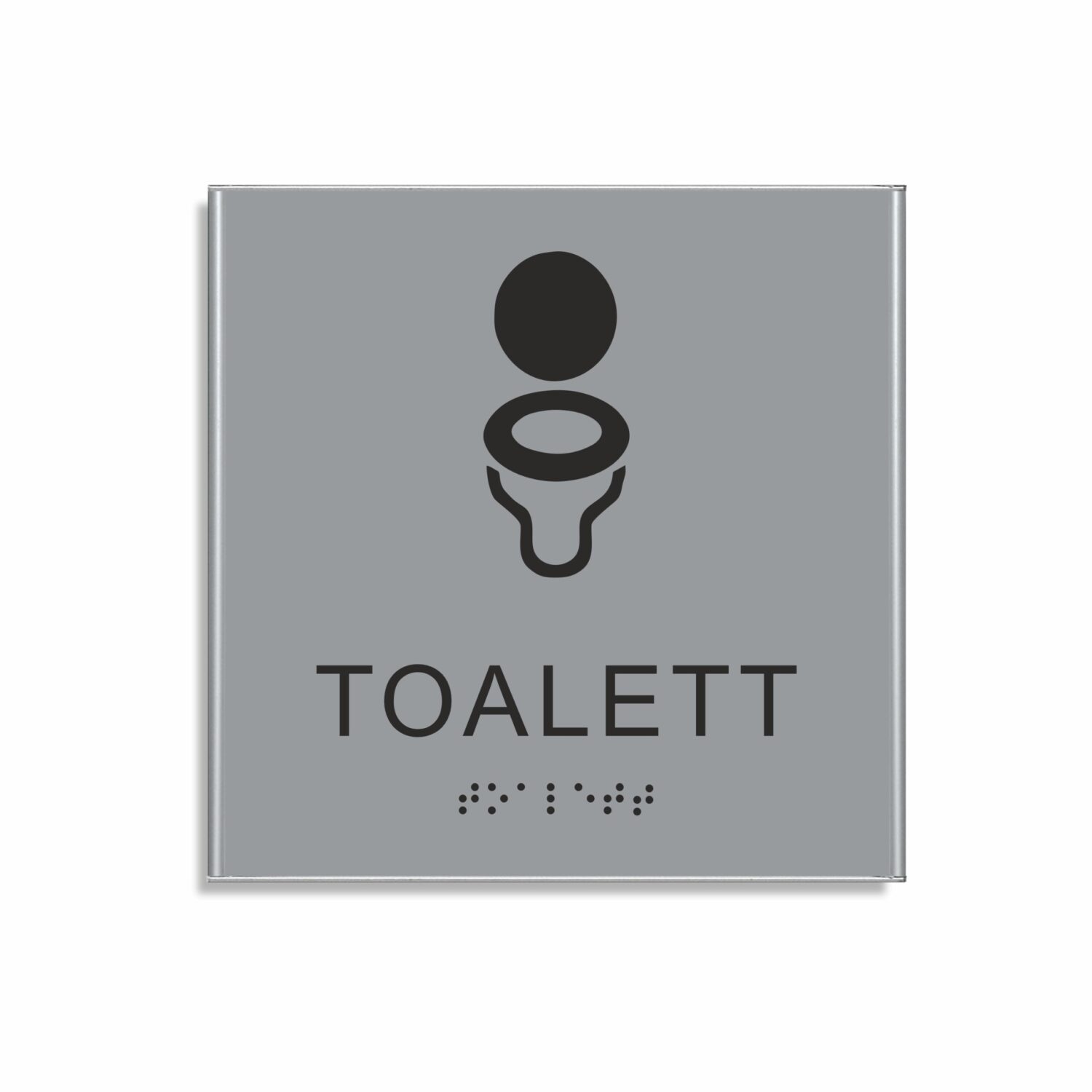 Tablette de toilette argentée et noire de taille 150 x 150 mm avec une fine armature en aluminium, avec un pictogramme d’une toilette, le texte « toalett » est inscrit sous le symbole et des caractères en pointillés en bas.