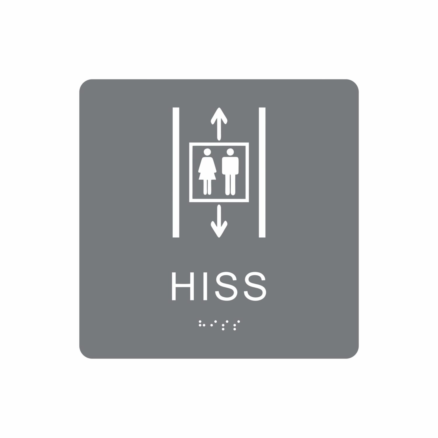 Grå och vit hisskylt med piktogram av två personer i en hiss med upp- och nedåtpilar ovanför och under symbolen, texten hiss står under symbolen och punktskrift längst ned