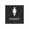 Panneau de toilettes noir et blanc avec un pictogramme représentant une femme ; le texte « Dames » figure sous le symbole et le braille en bas