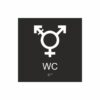 Panneau noir et blanc pour les toilettes, comportant un pictogramme symbolisant des toilettes non genrées ; le texte « WC » figure sous le symbole et le braille en bas