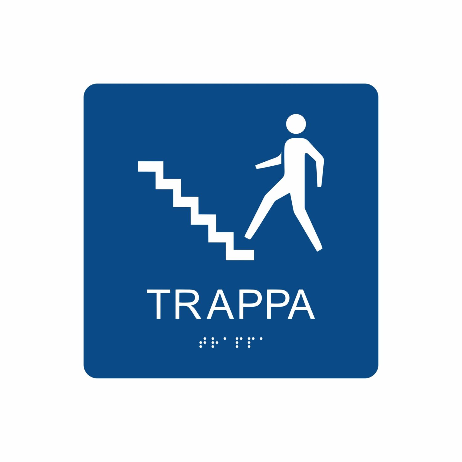 Plaque bleue et blanche pour une escalier avec des pictogrammes d'une personne montant l'escalier, la phrase « escalier » est placée sous le symbole et des caractères de pointage en bas