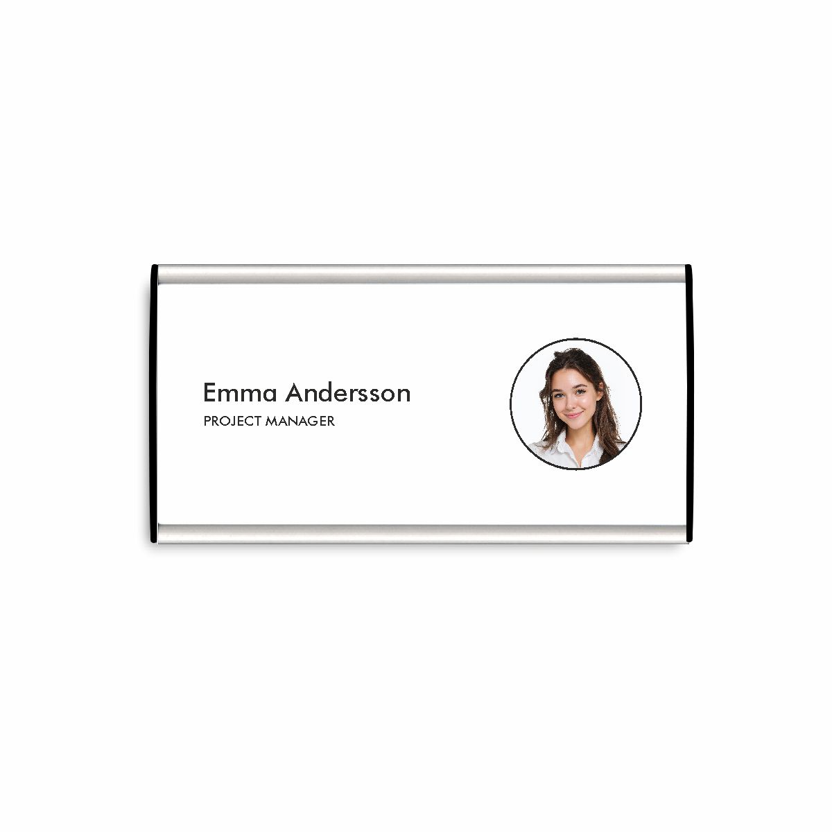 Curved nameplate with aluminum frame in size 150 x 74 mm with black end caps, with a picture of a woman and her name and profession printed on the sign